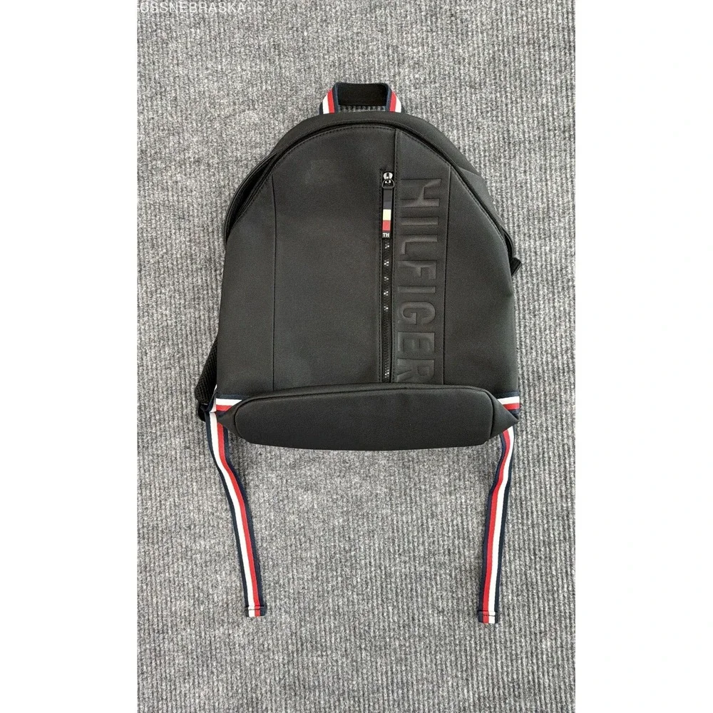 Tommy Hilfiger Black Canvas Signature Logo Backpack Striped Straps